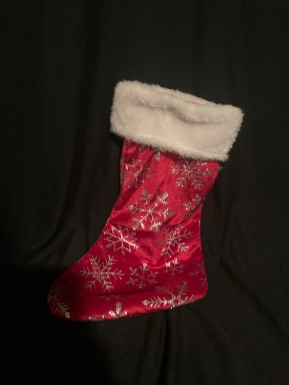 Red Christmas Stocking with Silver Snowflakes – Fluffy White Cuff
